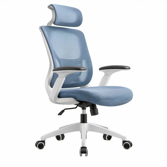 Ergonomic High-Back Mesh Office Chair with Headrest, Blue/White/Black, 26 x 26 x 46.5-50.5 in