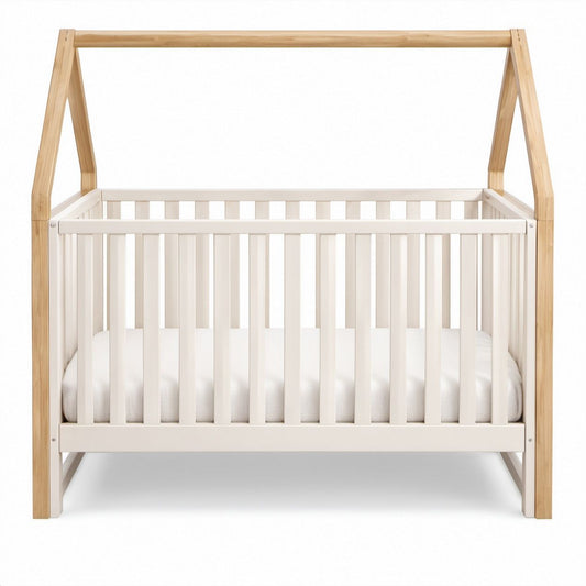 House-Shaped Baby Crib, Natural Pine and White Solid Pine Wood, 53.5 x 29.5 x 67 in