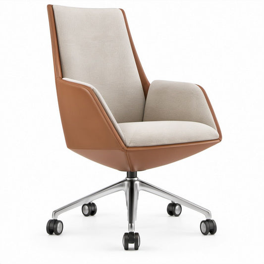 Contemporary Swivel Task Chair with Padded Arms, Beige Fabric and Brown PU Leather, 27.6 x 27.2 x 39.4 in