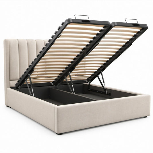Queen 60 x 80 in Beige Upholstered Hydraulic Lift Storage Bed with Black Frame and Natural Wood Slats