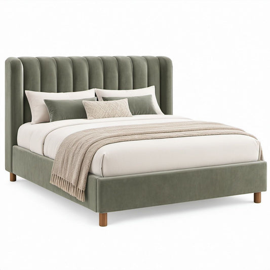 Full Green Velvet Bed Frame with Channel-Tufted Headboard, 59 x 80 x 50 in