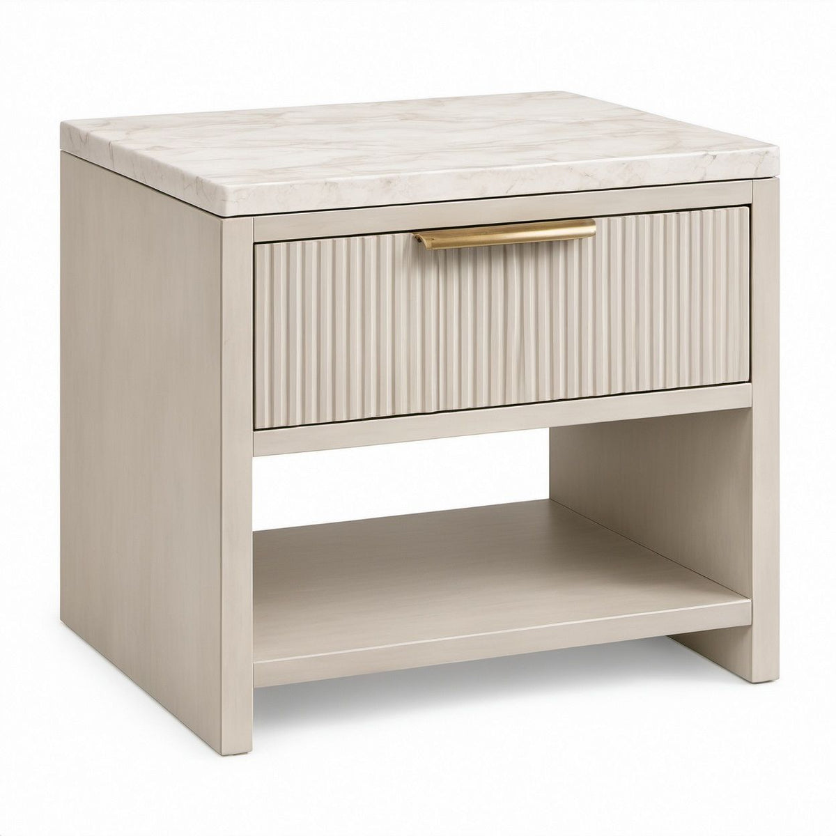 Contemporary Ivory Nightstand with Marble-Look Top, Fluted Drawer and Open Shelf, 24 x 18 x 28 in