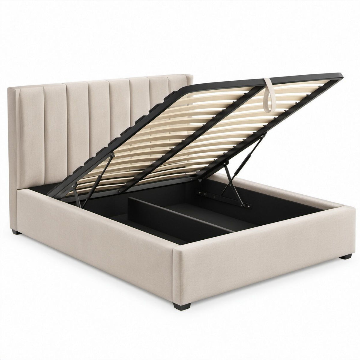 Queen Beige Upholstered Lift-Up Storage Bed Frame with Vertical Channel Headboard, 64 x 85 x 46 in