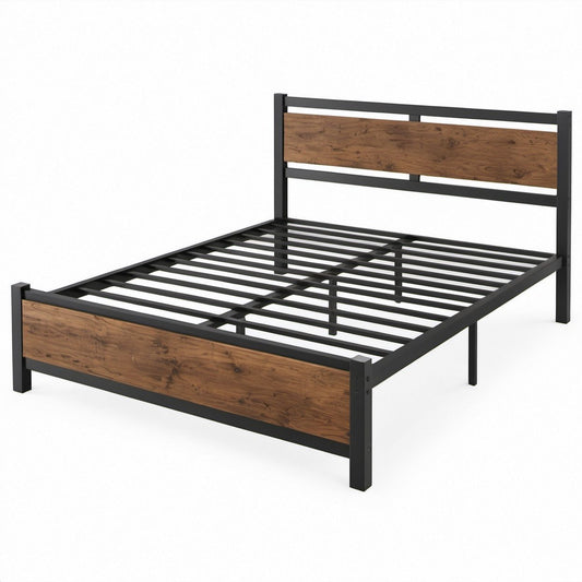 Queen Platform Bed Frame with Headboard and Footboard, Black/Brown, 82 x 62 x 39 in