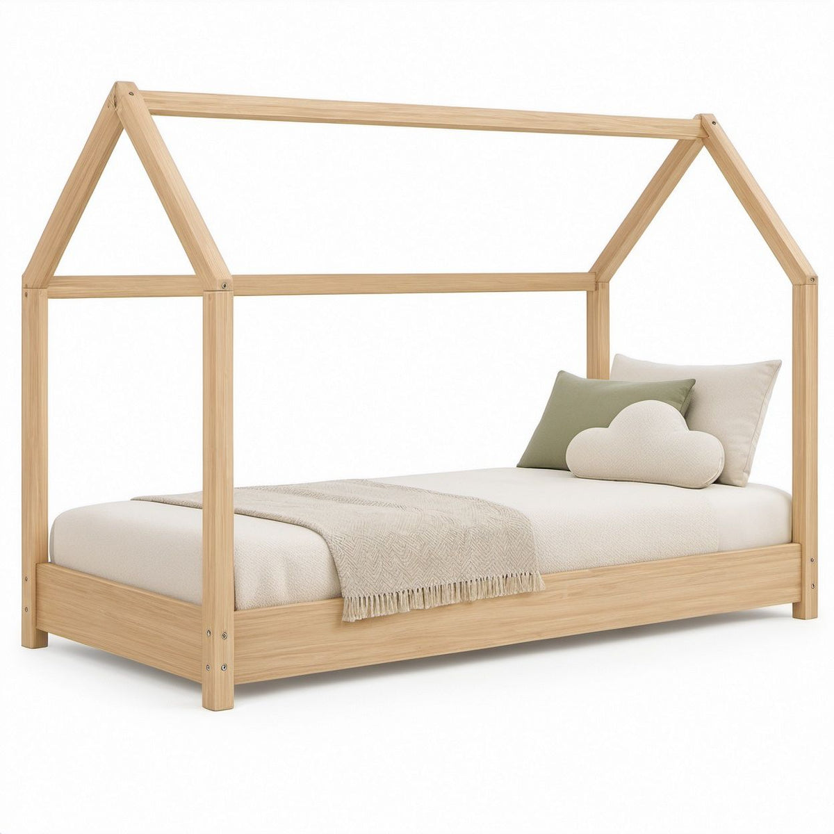 Natural Solid Pine Wood Twin House Frame, 80 x 44 x 71 in