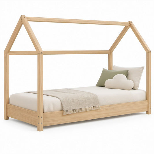 Natural Solid Pine Wood Twin House Frame, 80 x 44 x 71 in