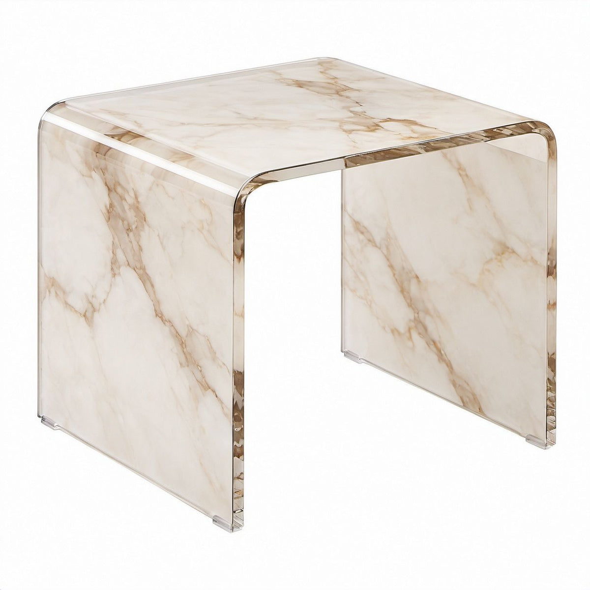 20 x 20 x 20 in Ivory and Beige Marble Pattern Acrylic Waterfall Side Table