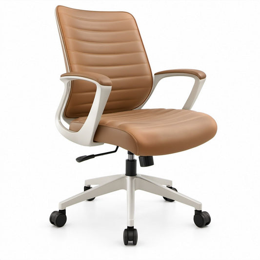 Brown PU Leather High-Back Swivel Chair with White Base, 65 x 65 x 112-122 cm