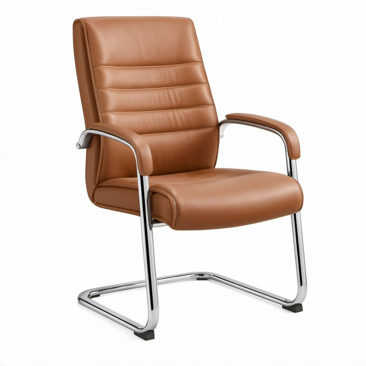 Brown PU Leather Guest Chair with Arms, Chrome Cantilever Base, 24.4 x 27.6 x 40.6 in