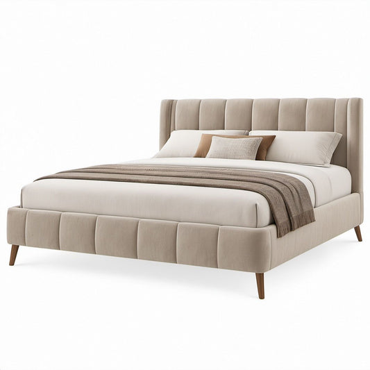 Queen Beige Upholstered Wingback Platform Bed Frame, 65 x 86 x 52 in