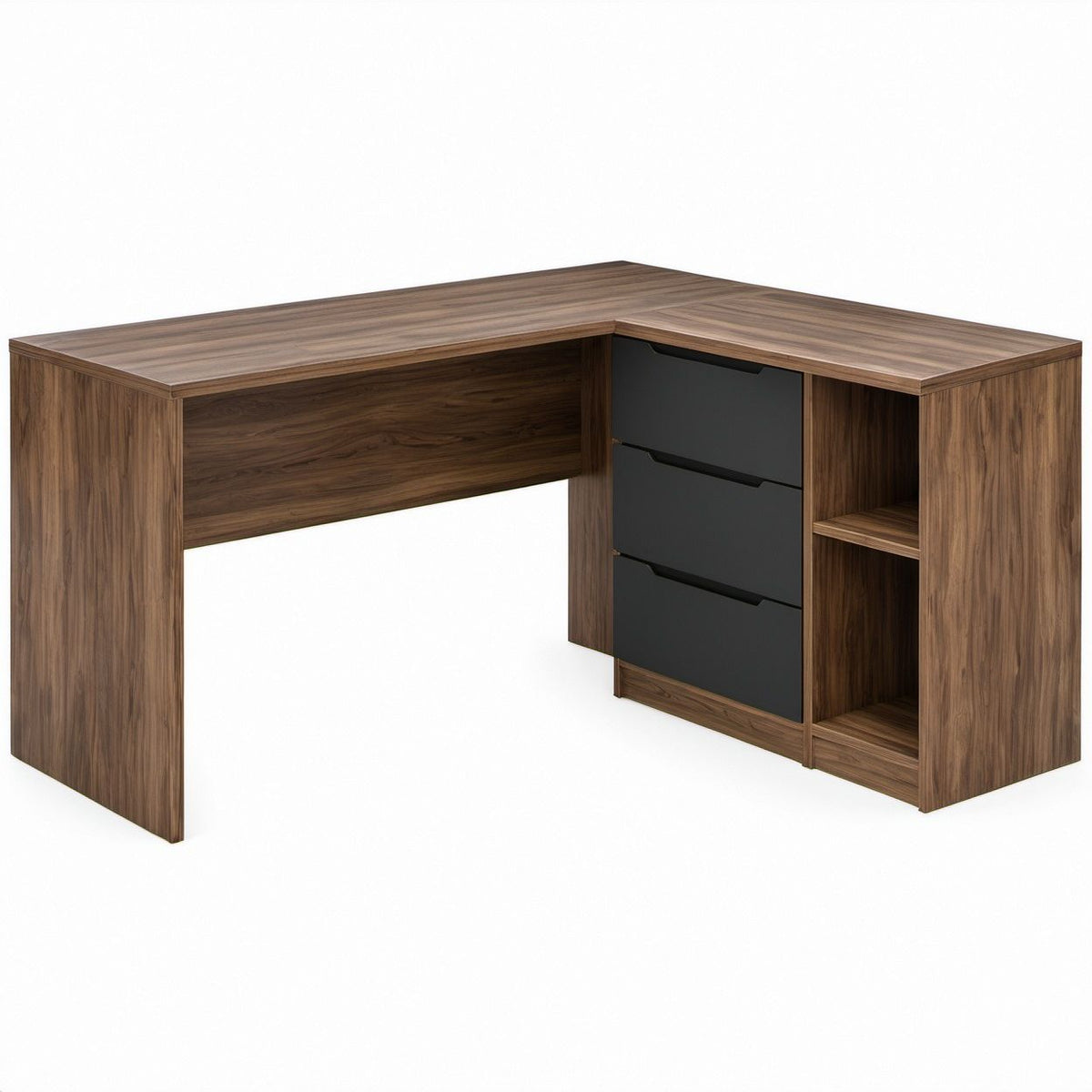 L-Shaped Office Desk with 3 Drawers and 2 Open Shelves, Walnut Brown and Black, 59.1 x 47.2 x 29.5 in