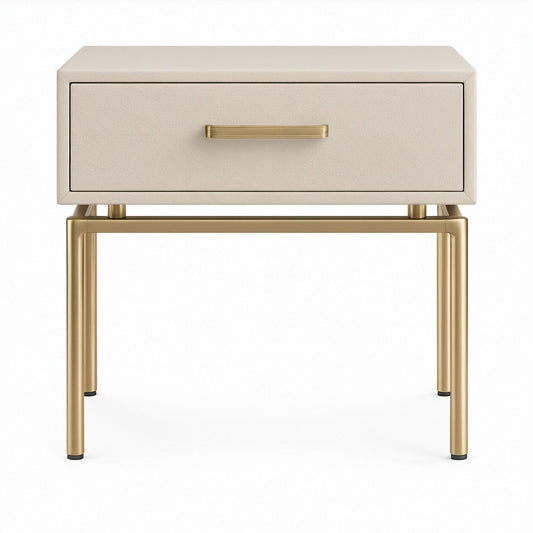 Cream PU Leather Nightstand with Gold Steel Frame and 1 Drawer, 24 x 18 x 26 in