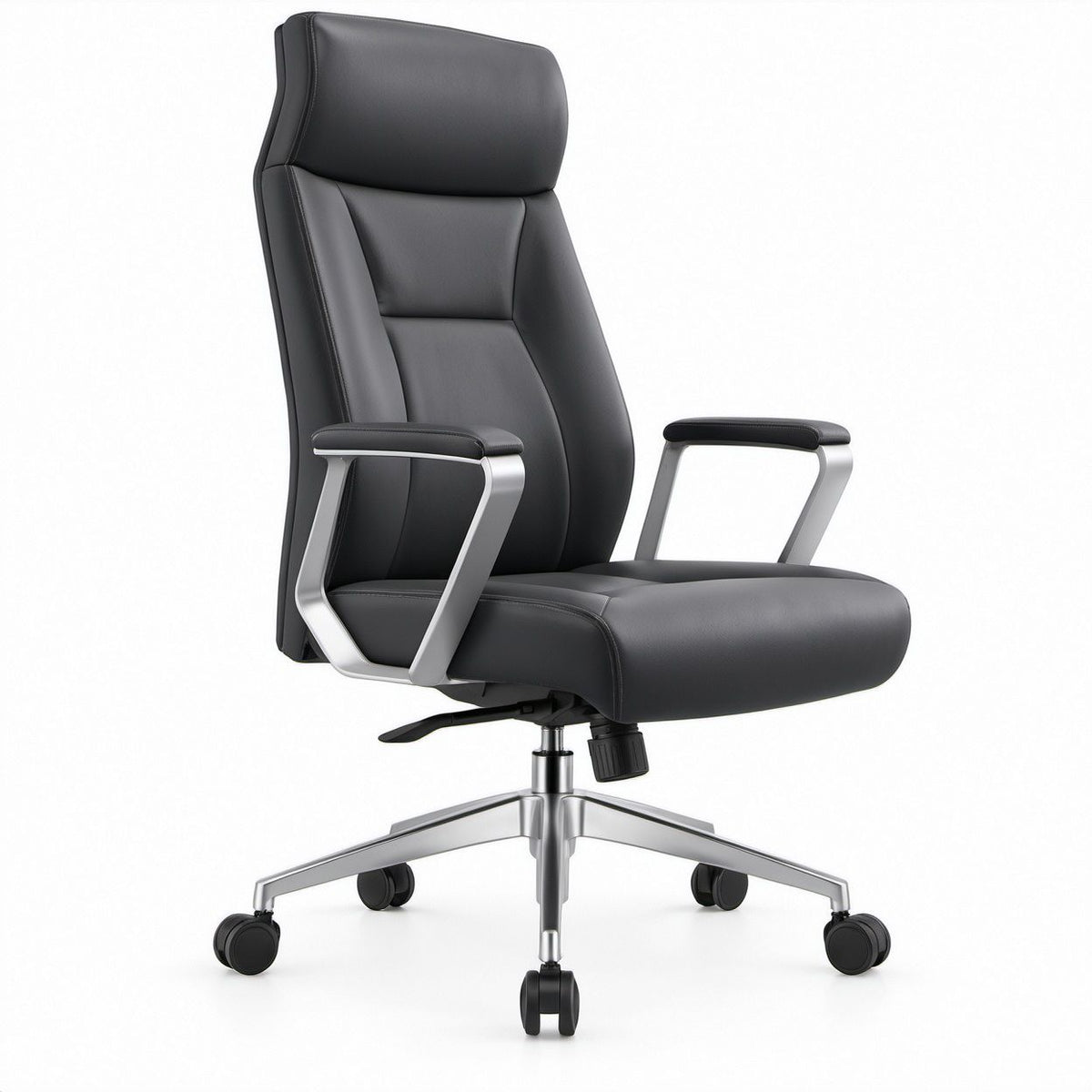 Black PU Leather High-Back Executive Office Chair with Silver Base, 26.4 x 26.8 x 45.7-49.6 in